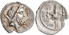 Cn. Nerius, 49 BC. Denarius (Silver, 19 mm, 3.90 g, 2 h), with L. Lentulus and Claudius Marcellus, Rome. NE RI•Q• VR B Head of Saturn to right with ha...