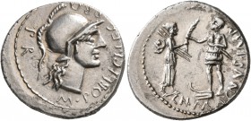 Cnaeus Pompey Jr, † 45 BC. Denarius (Silver, 20 mm, 3.95 g, 7 h), Spain, with M. Poblicius, 46-45. M•POBLICI•LEG•PRO - P R Helmeted head of Roma to ri...