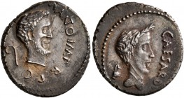 Julius Caesar and Mark Antony. Denarius (Silver, 18 mm, 3.70 g, 1 h), military mint moving with Antony in Cisalpine Gaul, 43 BC. M A NT O IMP R•P•C Ba...