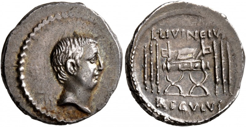 L. Livineius Regulus, 42 BC. Denarius (Silver, 18 mm, 3.85 g, 11 h), Rome. Bare ...
