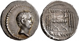 L. Livineius Regulus, 42 BC. Denarius (Silver, 18 mm, 3.85 g, 11 h), Rome. Bare head of Livineius Regulus to right. Rev. L•LIVINEIVS / REGVLVS Curule ...