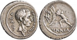 C. Numonius Vaala, 41 BC. Denarius (Silver, 20 mm, 4.24 g, 7 h), Rome. C•NVMONIVS - VAALA Bare head of Numonius Vaala to right. Rev. VAALA Soldier, ho...