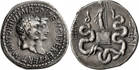 Mark Antony and Octavia, 40-35 BC. Cistophorus (Silver, 27 mm, 11.85 g, 1 h), Ephesus, summer-autumn 39. M A•NTONIVS IMP COS•DESIG ITER ET•TERT• Conjo...