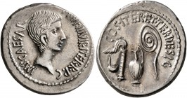 Octavian, 44-27 BC. Denarius (Silver, 21 mm, 3.85 g, 1 h), uncertain mint in Italy, 37. IMP•CAESAR•DIVI•F•III•VIR•ITER•R•P•C Bare head of Octavian wit...