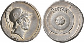 Octavian, 44-27 BC. Denarius (Silver, 18 mm, 3.88 g, 1 h), uncertain mint in Italy (Rome?), autumn 30-summer 29 BC. IMP Bearded head of Mars to right,...