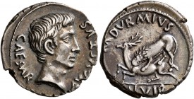 Augustus, 27 BC-AD 14. Denarius (Silver, 19 mm, 3.83 g, 2 h), Rome, M. Durmius, moneyer, 19 BC. CAESAR AVGVSTVS Bare head of Augustus to right. Rev. M...