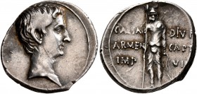 Augustus, 27 BC-AD 14. Denarius (Silver, 19 mm, 3.37 g, 2 h), Pergamum, circa 19-18 BC. Bare head of Augustus to right. Rev. CAESAR - DIV F / ARMEN - ...