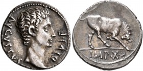 Augustus, 27 BC-AD 14. Denarius (Silver, 18 mm, 3.91 g, 7 h), Lugdunum, circa 15-13 BC. DIVI•F AVGVSTVS Bare head of Augustus to right. Rev. IMP•X Bul...
