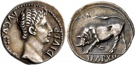 Augustus, 27 BC-AD 14. Denarius (Silver, 19 mm, 3.80 g, 8 h), Lugdunum, circa 11 BC. DIVI•F AVGVSTVS Bare head of Augustus to right. Rev. IMP•XII Bull...