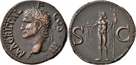Agrippa, died 12 AD. As (Copper, 29 mm, 12.29 g, 6 h), Rome, struck under Caligula, 37-41. M•AGRIPPA•L•F•COS•III• Head of Agrippa to left, wearing ros...