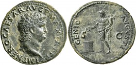 Nero, 54-68. As (Copper, 29 mm, 10.90 g, 6 h), Lugdunum, circa 66. IMP•NERO CAESAR AVG P•MAX TR P P P Bare head of Nero to right, globe at point of ne...