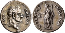 Galba, 68-69. Denarius (Silver, 18 mm, 3.52 g, 5 h), uncertain mint in Spain (Tarraco?), circa April-late 68. GALBA IMP Laureate head of Galba to righ...