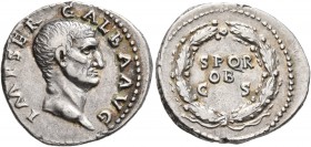 Galba, 68-69. Denarius (Silver, 19 mm, 3.52 g, 6 h), Rome, July 68-15 January 69. IMP SER GALBA AVG Bare head of Galba to right. Rev. S P Q R / OB / C...