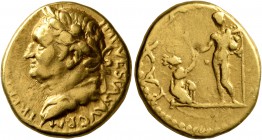 Vespasian, 69-79. Aureus (Gold, 17 mm, 7.36 g, 1 h), Antiochia, 72-73. IMP VESPAS AVG P M TRI P P P [COS IIII] Laureate head of Vespasian to left. Rev...