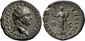 Vespasian, 69-79. Dupondius (Orichalcum, 27 mm, 11.69 g, 6 h), Rome, 74. IMP CAES VESP AVG P M T P COS V CEN Radiate head of Vespasian to right. Rev. ...