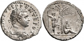Titus, as Caesar, 69-79. Denarius (Silver, 19 mm, 3.37 g, 6 h), Antiochia, 72-73. T CAES IMP VESP PON TR POT Laureate and draped bust of Titus to righ...