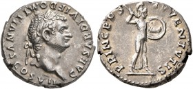 Domitian, as Caesar, 69-81. Denarius (Silver, 17 mm, 3.08 g, 6 h), Rome, struck under Titus, 80-81. CAESAR DIVI F DOMITIANVS COS VII Laureate head of ...