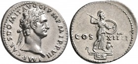 Domitian, 81-96. Denarius (Silver, 20 mm, 3.03 g, 6 h), Rome, January-September 88. IMP•CAES DOMIT AVG•GERM P M•TR•P•VII Laureate head of Domitian to ...