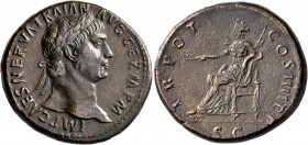 Trajan, 98-117. Sestertius (Orichalcum, 34 mm, 27.17 g, 6 h), Rome, 101-102. IMP CAES NERVA TRAIAN AVG GERM P M Laureate head of Trajan to right. Rev....