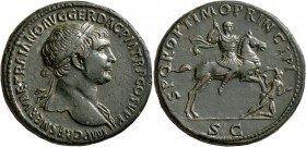 Trajan, 98-117. Sestertius (Orichalcum, 33 mm, 27.26 g, 7 h), Rome, 104/5-107. IMP CAES NERVAE TRAIANO AVG GER DAC P M TR P COS V P P Laureate head of...