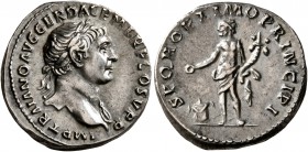 Trajan, 98-117. Denarius (Silver, 18 mm, 3.50 g, 7 h), Rome, circa 106-107. IMP TRAIANO AVG GER DAC P M TR P COS V P P Laureate head of Trajan to righ...