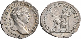 Trajan, 98-117. Denarius (Silver, 20 mm, 3.09 g, 8 h), Rome, circa 108-109. IMP TRAIANO AVG GER DAC P M TR P Laureate head of Trajan to right, with sl...