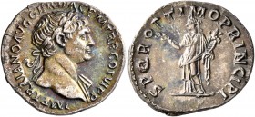 Trajan, 98-117. Denarius (Silver, 20 mm, 3.37 g, 7 h), Rome, circa spring 113-summer 114. IMP TRAIANO AVG GER DAC P M TR P COS VI P P Laureate head of...