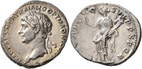 Trajan, 98-117. Denarius (Silver, 18 mm, 3.22 g, 7 h), Rome, winter 114-early 116. IMP CAES NER TRAIANO OPTIMO AVG GER DAC Laureate head of Trajan to ...