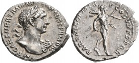 Trajan, 98-117. Denarius (Silver, 19 mm, 3.29 g, 7 h), Rome, autumn 116-August 117. IMP CAES NER TRAIAN OPTIM AVG GERM DAC Laureate heroically nude bu...
