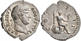 Hadrian, 117-138. Denarius (Silver, 19 mm, 3.12 g, 7 h), Rome, 125-128. HADRIANVS AVGVSTVS Laureate head of Hadrian to right, with slight drapery on h...