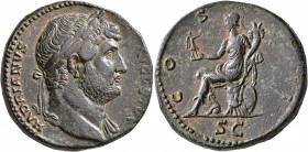 Hadrian, 117-138. Sestertius (Orichalcum, 32 mm, 30.43 g, 7 h), Rome, 128-132. HADRIANVS AVGVSTVS Laureate head of Hadrian to right, with slight drape...