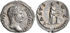 Hadrian, 117-138. Denarius (Silver, 18 mm, 3.27 g, 6 h), Rome, 134-138. HADRIANVS AVG COS III P P Bare head of Hadrian to right. Rev. SALVS AVG Salus ...