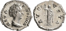 Diva Faustina Senior, died 140/1. Denarius (Silver, 19 mm, 3.61 g, 6 h), Rome. DIVA FAVSTINA Diademed and draped bust of Diva Faustina to right. Rev. ...