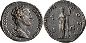Marcus Aurelius, as Caesar, 139-161. Sestertius (Orichalcum, 31 mm, 24.45 g, 10 h), Rome, 153-154. AVRELIVS CAESAR AVG PII FIL Bare-headed, draped and...