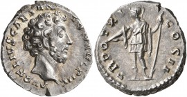 Marcus Aurelius, as Caesar, 139-161. Denarius (Silver, 17 mm, 3.91 g, 12 h), Rome, 156-157. AVRELIVS CAES ANTON AVG PII F Bare head of Marcus Aurelius...
