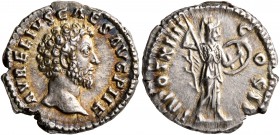 Marcus Aurelius, as Caesar, 139-161. Denarius (Silver, 18 mm, 3.69 g, 12 h), Rome, 159-160. AVRELIVS CAES AVG PII F Bare head of Marcus Aurelius to ri...