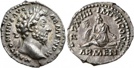 Marcus Aurelius, 161-180. Denarius (Silver, 18 mm, 3.26 g, 5 h), Rome, 163-164. M ANTONINVS AVG ARMEN P M Laureate head of Marcus Aurelius to right. R...