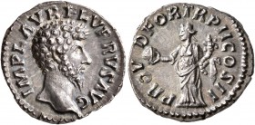 Lucius Verus, 161-169. Denarius (Silver, 17 mm, 2.98 g, 7 h), Rome, 161-162. IMP L AVREL VERVS AVG Bare head of Lucius Verus to right. Rev. PROV DEOR ...