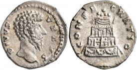 Divus Lucius Verus, died 169. Denarius (Silver, 17 mm, 3.06 g, 12 h), struck under Marcus Aurelius, Rome, 169. DIVVS VERVS Bare head of Divus Lucius V...