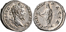 Septimius Severus, 193-211. Denarius (Silver, 18 mm, 3.20 g, 11 h), Rome, 201-202. SEVERVS PIVS AVG Laureate head of Septimius Severus to right. Rev. ...
