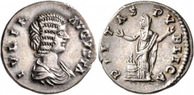 Julia Domna, Augusta, 193-217. Denarius (Silver, 19 mm, 2.96 g, 12 h), Laodicea, circa 198-202. IVLIA AVGVSTA Draped bust of Julia Domna to right. Rev...