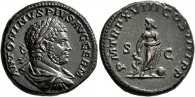 Caracalla, 198-217. As (Copper, 25 mm, 10.74 g, 7 h), Rome, 215. ANTONINVS PIVS AVG GERM Radiate and cuirassed bust of Caracalla to right, seen from b...