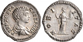 Geta, as Caesar, 198-209. Denarius (Silver, 18 mm, 3.39 g, 1 h), Rome, 200-202. P SEPT GETA CAES PONT Bare-headed and draped bust of Geta to right, se...