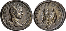 Geta, 209-211. Sestertius (Orichalcum, 33 mm, 30.95 g, 6 h), Rome, 210. IMP CAES P SEPT GETA PIVS AVG Laureate head of Geta to right, with slight drap...