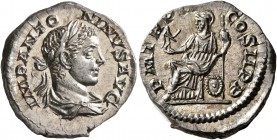 Elagabalus, 218-222. Denarius (Silver, 18 mm, 3.23 g, 12 h), Rome, 219. IMP ANTONINVS AVG Laureate and draped bust of Elagabalus to right, seen from b...