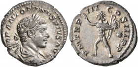 Elagabalus, 218-222. Denarius (Silver, 18 mm, 3.15 g, 6 h), Rome, 220. IMP ANTONINVS PIVS AVG Laureate and draped bust of Elagabalus to right, seen fr...