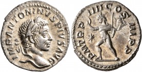 Elagabalus, 218-222. Denarius (Silver, 18 mm, 3.08 g, 6 h), Rome, 221. IMP ANTONINVS PIVS AVG Laureate head of Elagabalus to right. Rev. P M TR P IIII...