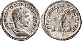 Elagabalus, 218-222. Denarius (Silver, 19 mm, 2.97 g, 6 h), Rome, 221. IMP ANTONINVS PIVS AVG Laureate, draped and cuirassed bust of Elagabalus to rig...