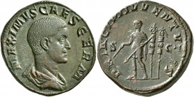 Maximus, Caesar, 235/6-238. Sestertius (Orichalcum, 30 mm, 26.35 g, 1 h), Rome, 236-238. MAXIMVS CAES GERM Bare-headed and draped bust of Maximus to r...