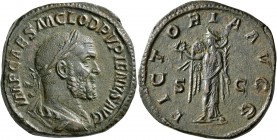 Pupienus, 238. Sestertius (Orichalcum, 32 mm, 25.54 g, 12 h), Rome, circa April-June 238. IMP CAES M CLOD PVPIENVS AVG Laureate, draped and cuirassed ...